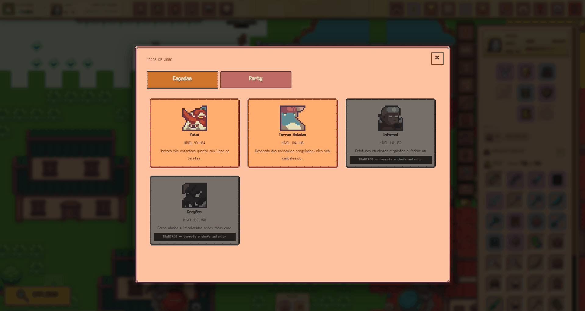 Painel de modos de jogo: as áreas de caçada com suas faixas de nível, e as seguintes ainda trancadas.